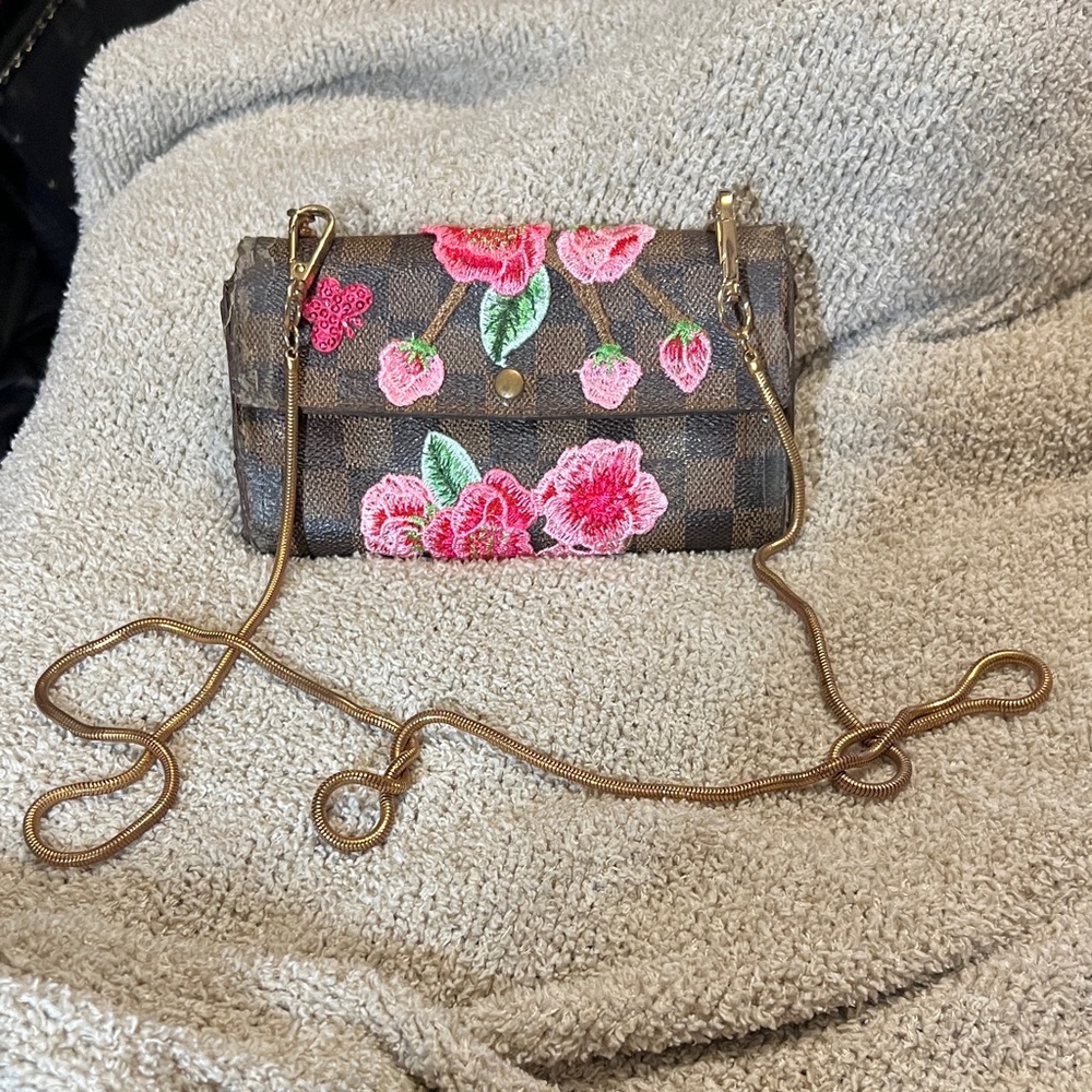 Louis Vuitton Damier Ebene Floral Embroidered Wallet on Chain (Upcycled)